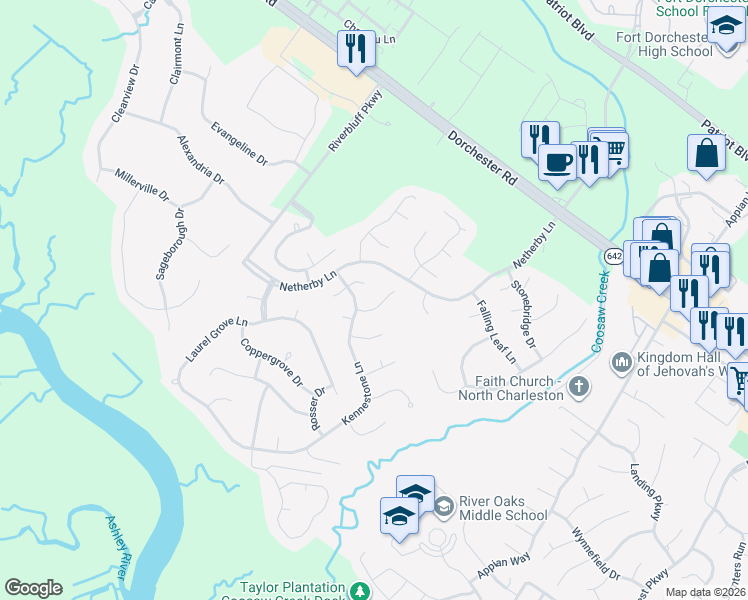 map of restaurants, bars, coffee shops, grocery stores, and more near 5401 Dwight Drive in Charleston