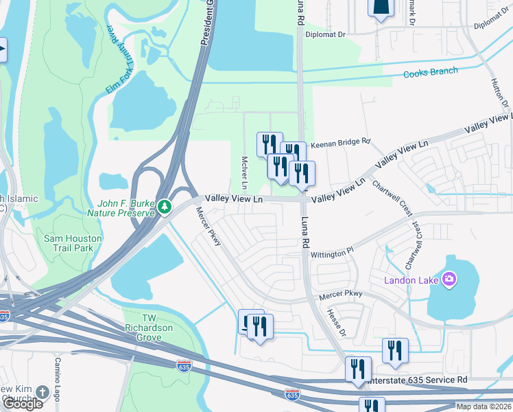 map of restaurants, bars, coffee shops, grocery stores, and more near 12780 Camden Place in Farmers Branch