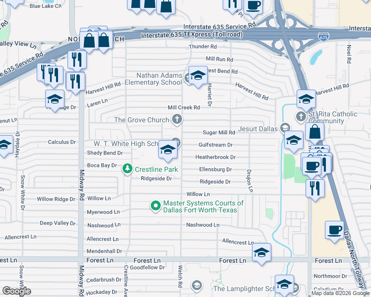 map of restaurants, bars, coffee shops, grocery stores, and more near 4606 Gulfstream Drive in Dallas