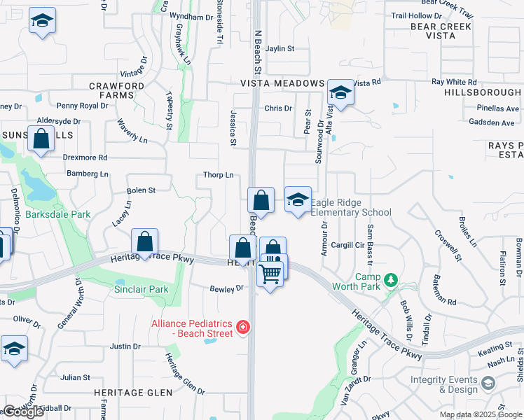 map of restaurants, bars, coffee shops, grocery stores, and more near 4600 Alta Vista Road in Fort Worth