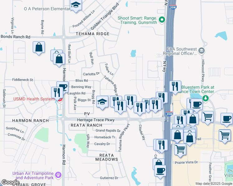 map of restaurants, bars, coffee shops, grocery stores, and more near 8952 Tehama Ridge Parkway in Fort Worth