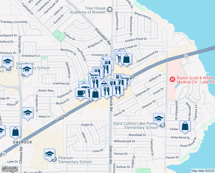 map of restaurants, bars, coffee shops, grocery stores, and more near 8509 Lakeview Parkway in Rowlett