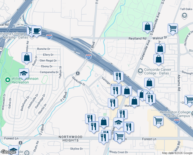 map of restaurants, bars, coffee shops, grocery stores, and more near 8965 Vantage Point Drive in Dallas