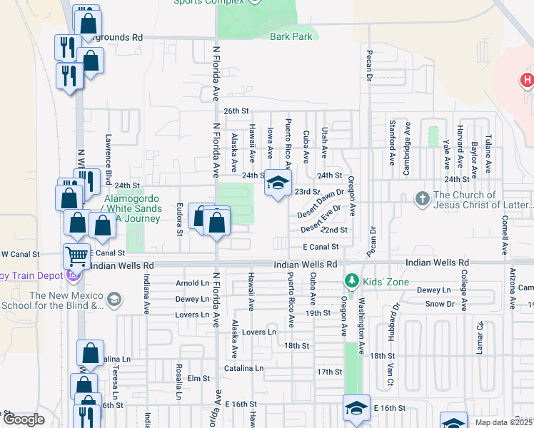 map of restaurants, bars, coffee shops, grocery stores, and more near 2211 Puerto Rico Avenue in Alamogordo