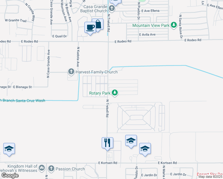 map of restaurants, bars, coffee shops, grocery stores, and more near 1104 East Yucca Street in Casa Grande