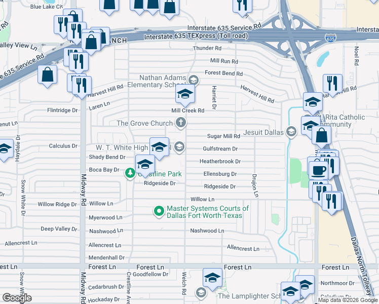 map of restaurants, bars, coffee shops, grocery stores, and more near 4606 Gulfstream Drive in Dallas