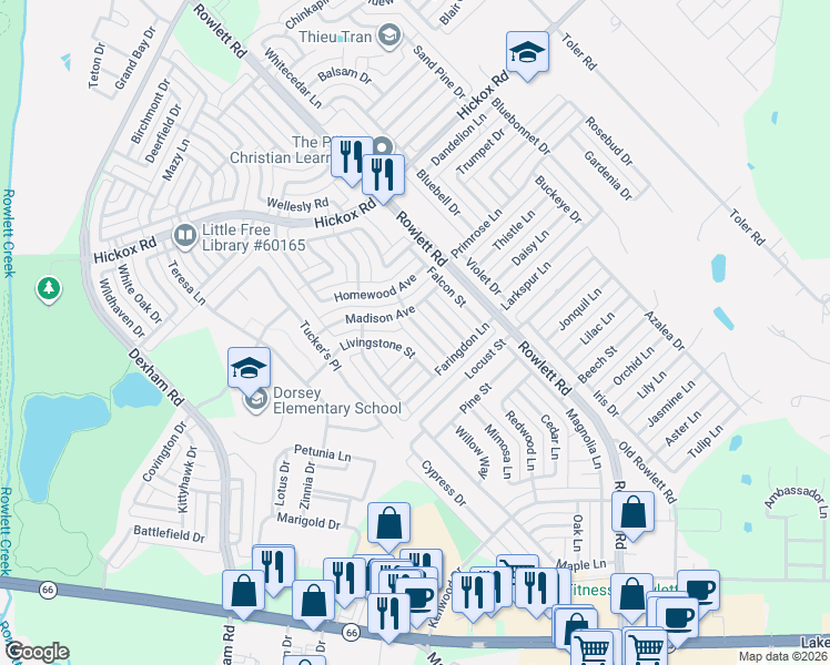 map of restaurants, bars, coffee shops, grocery stores, and more near 6609 Cordelia Road in Rowlett