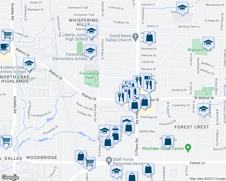 map of restaurants, bars, coffee shops, grocery stores, and more near 4661 West Walnut Street in Garland