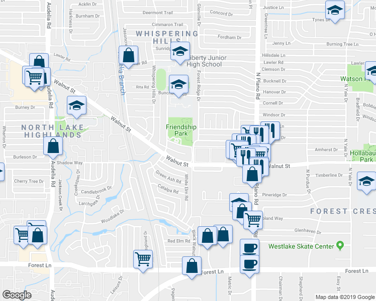 map of restaurants, bars, coffee shops, grocery stores, and more near 10329 Bernardin Circle in Dallas