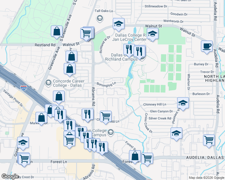 map of restaurants, bars, coffee shops, grocery stores, and more near 12480 Abrams Road in Dallas