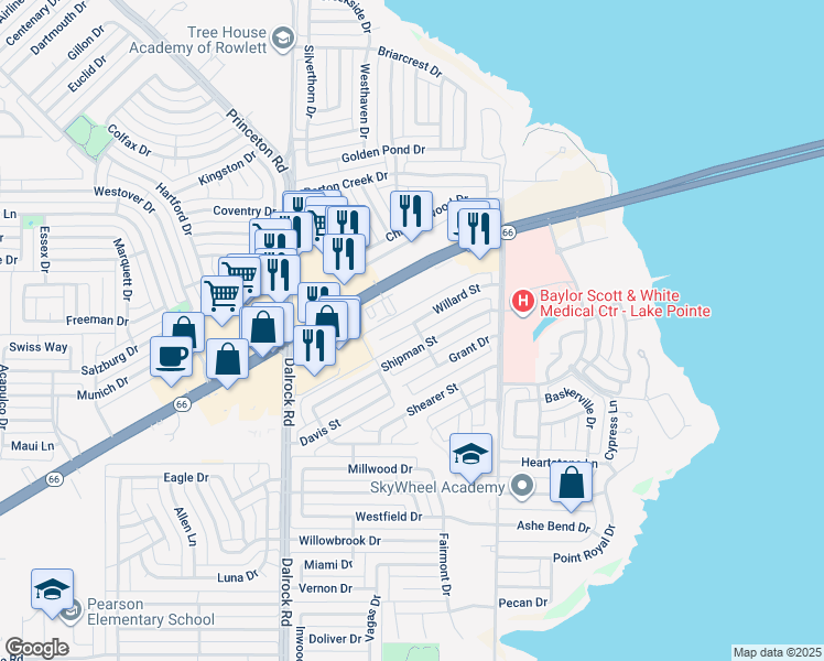 map of restaurants, bars, coffee shops, grocery stores, and more near 9232 Willard Street in Rowlett