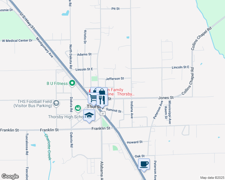 map of restaurants, bars, coffee shops, grocery stores, and more near 299 Michigan Avenue in Thorsby