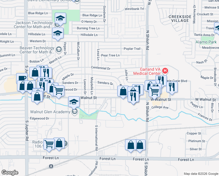 map of restaurants, bars, coffee shops, grocery stores, and more near 2806 Lakewood Drive in Garland