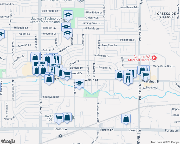 map of restaurants, bars, coffee shops, grocery stores, and more near 513 Maydelle Lane in Garland