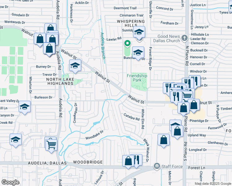 map of restaurants, bars, coffee shops, grocery stores, and more near 10110 Walnut Street in Dallas