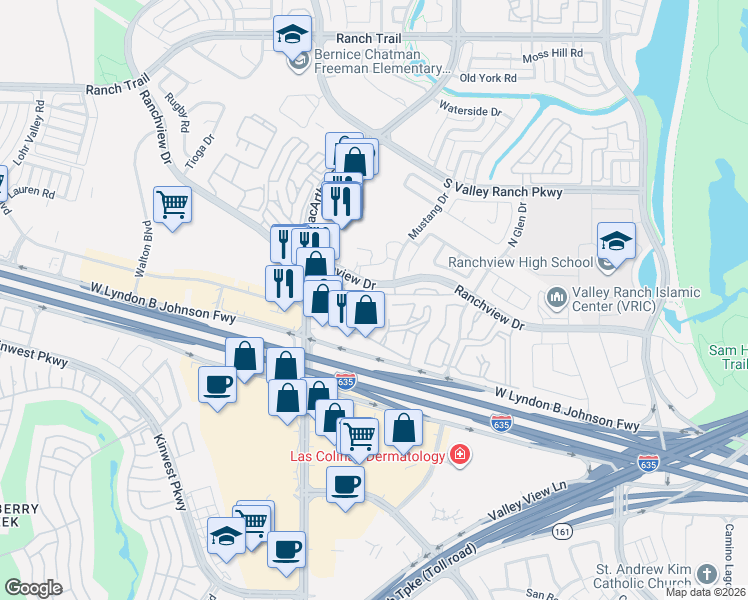 map of restaurants, bars, coffee shops, grocery stores, and more near 720 Rockingham Drive in Irving