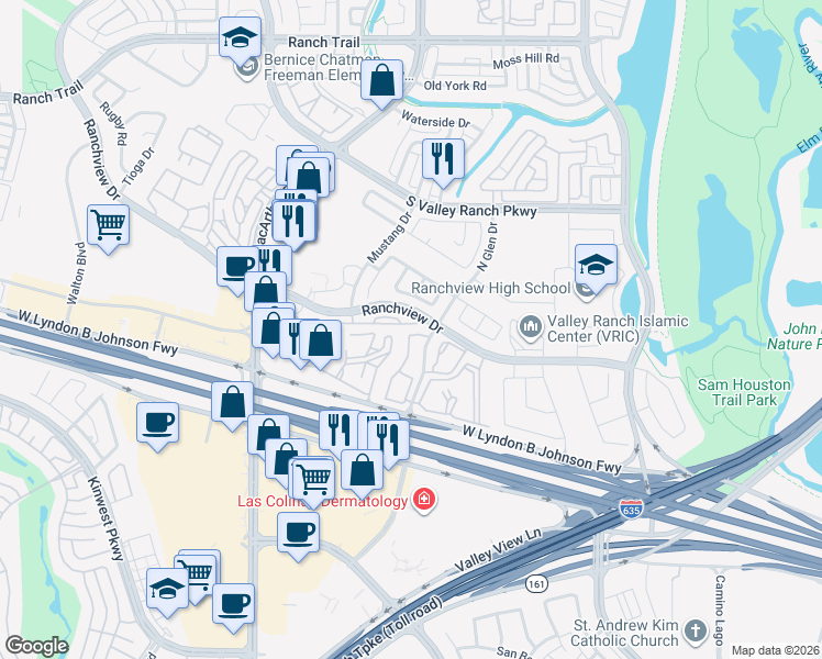 map of restaurants, bars, coffee shops, grocery stores, and more near 538 Rockingham Drive in Irving