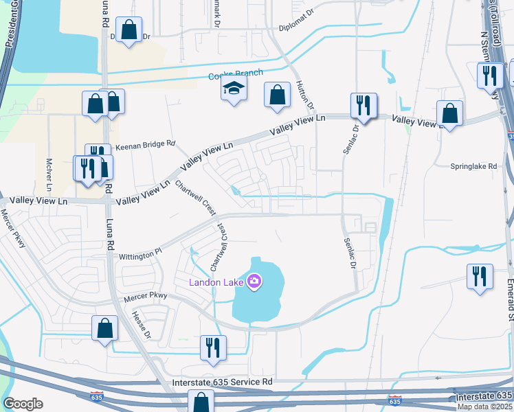 map of restaurants, bars, coffee shops, grocery stores, and more near 1735 Wittington Place in Farmers Branch