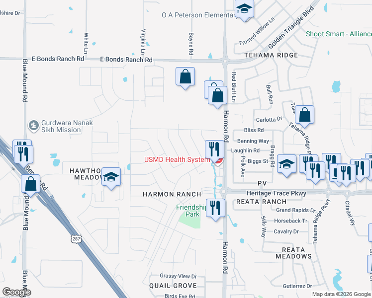 map of restaurants, bars, coffee shops, grocery stores, and more near White Bear Trail in Fort Worth