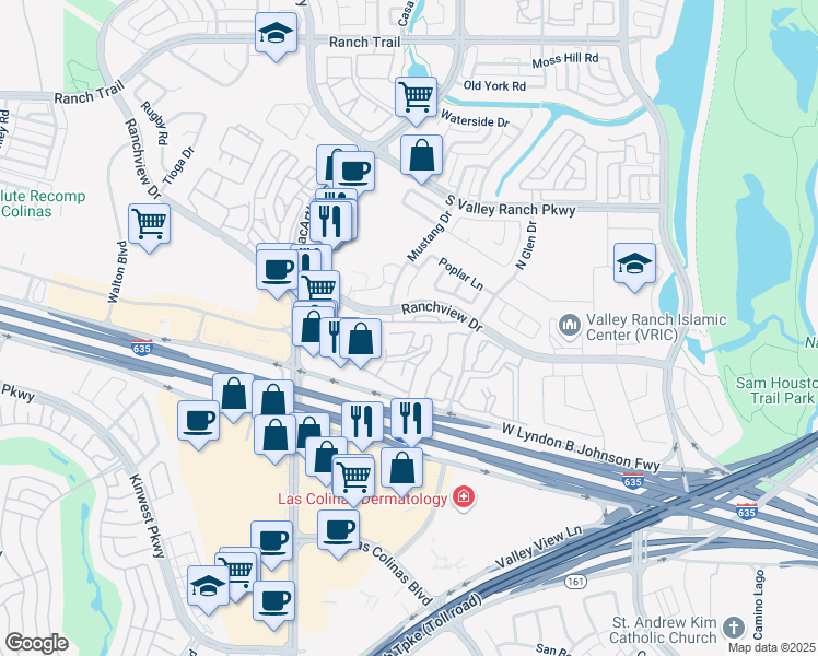 map of restaurants, bars, coffee shops, grocery stores, and more near 632 Rockingham Drive in Irving