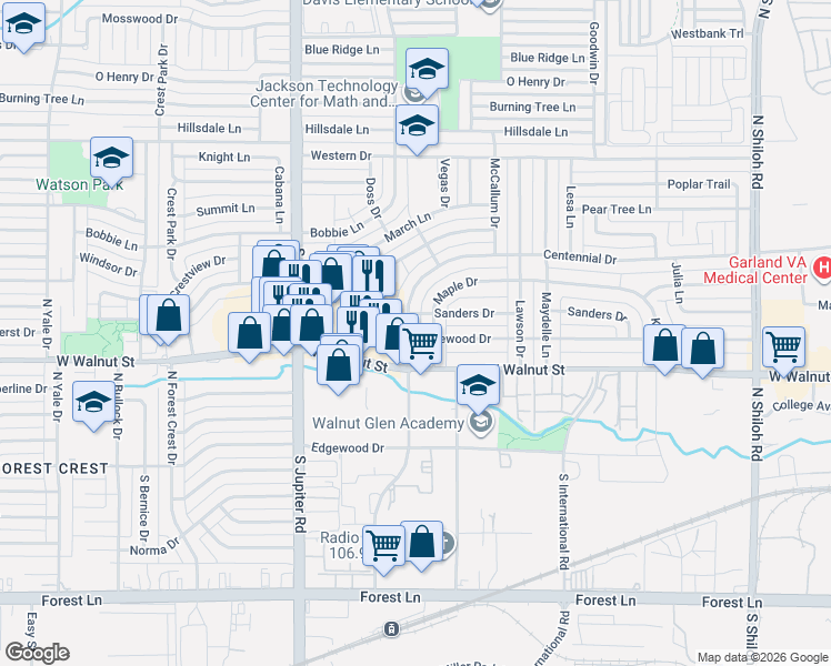map of restaurants, bars, coffee shops, grocery stores, and more near 513 Warren Drive in Garland