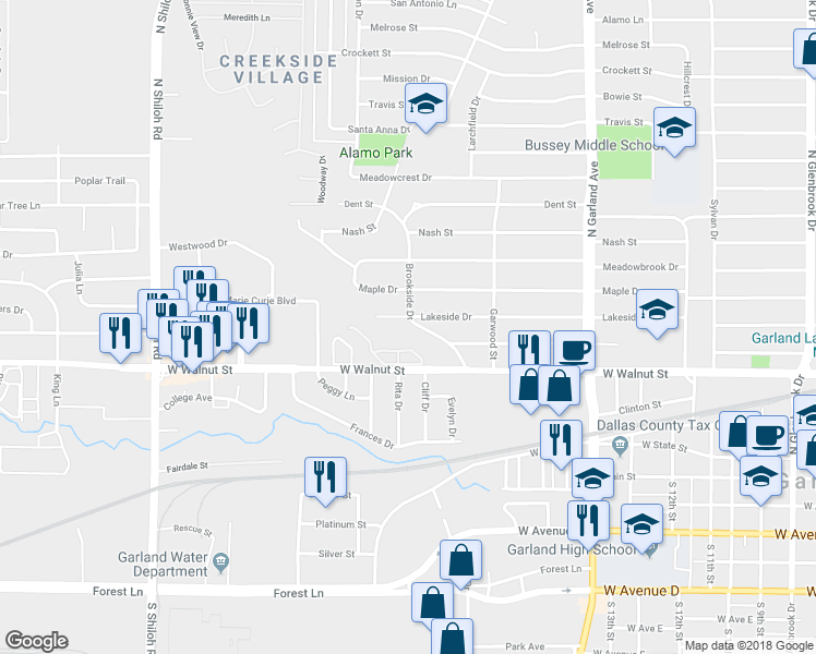 map of restaurants, bars, coffee shops, grocery stores, and more near 1600 Lakeside Drive in Garland