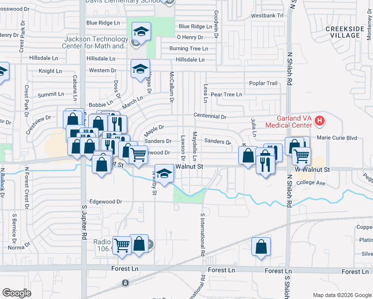 map of restaurants, bars, coffee shops, grocery stores, and more near 513 Maydelle Lane in Garland