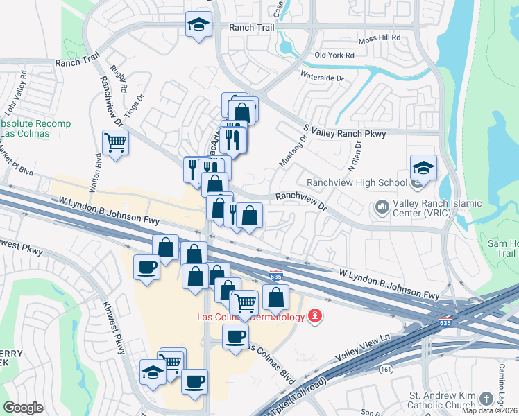 map of restaurants, bars, coffee shops, grocery stores, and more near 720 Rockingham Drive in Irving