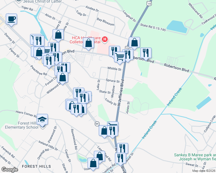 map of restaurants, bars, coffee shops, grocery stores, and more near 205 Meadow in Walterboro
