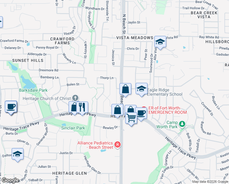 map of restaurants, bars, coffee shops, grocery stores, and more near 9809 Mcfarring Drive in Fort Worth