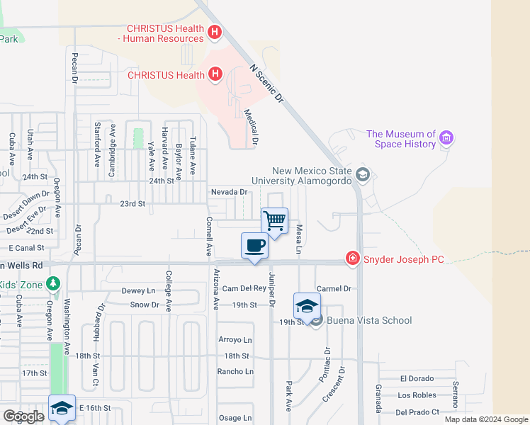 map of restaurants, bars, coffee shops, grocery stores, and more near 2407 Wyatt Way in Alamogordo