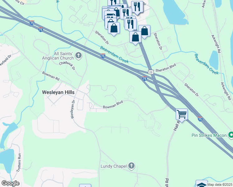 map of restaurants, bars, coffee shops, grocery stores, and more near 1665 Wesleyan Drive in Macon