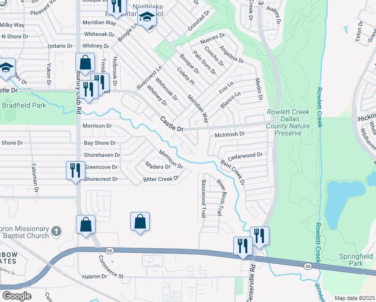 map of restaurants, bars, coffee shops, grocery stores, and more near 2108 Woodnote Lane in Garland