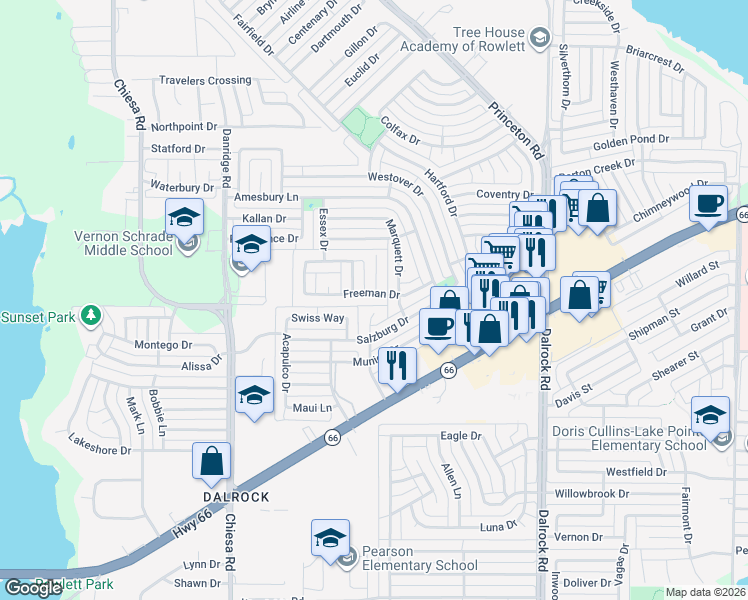 map of restaurants, bars, coffee shops, grocery stores, and more near 6410 Richmond Court in Rowlett