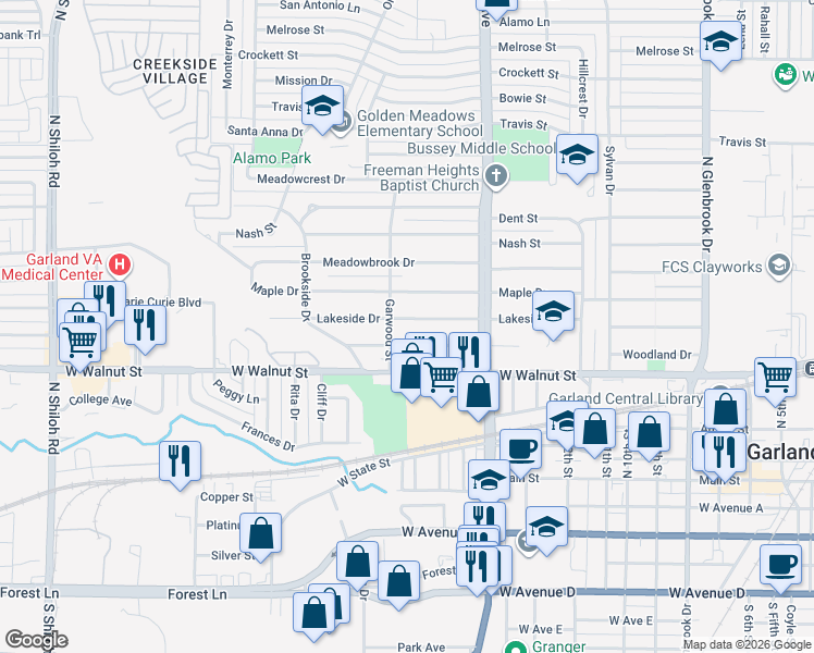 map of restaurants, bars, coffee shops, grocery stores, and more near 1445 Lakewood Drive in Garland