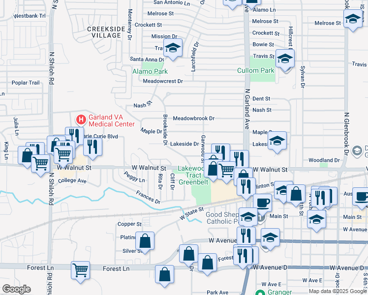 map of restaurants, bars, coffee shops, grocery stores, and more near 1529 Brookside Drive in Garland