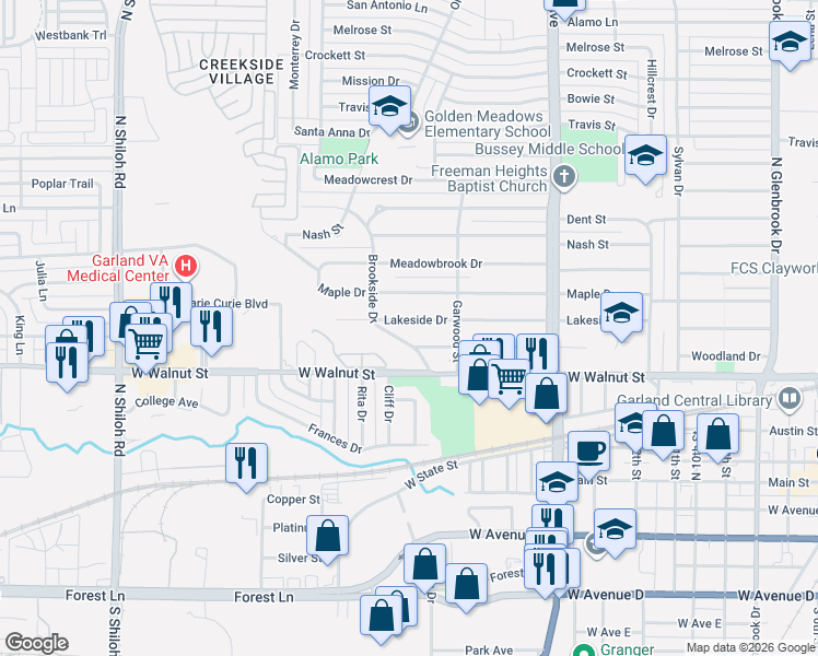 map of restaurants, bars, coffee shops, grocery stores, and more near 1529 Brookside Drive in Garland