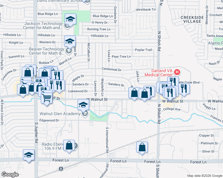 map of restaurants, bars, coffee shops, grocery stores, and more near 2908 Lakewood Drive in Garland
