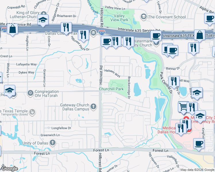map of restaurants, bars, coffee shops, grocery stores, and more near 10 Birchmont Lane in Dallas