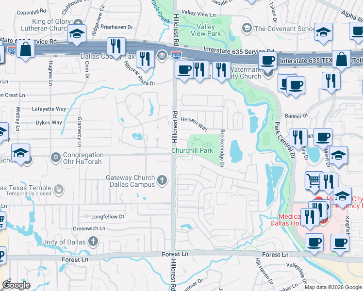 map of restaurants, bars, coffee shops, grocery stores, and more near 10 Birchmont Lane in Dallas