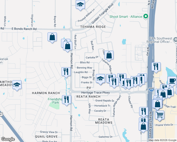 map of restaurants, bars, coffee shops, grocery stores, and more near 2124 Laughlin Road in Fort Worth