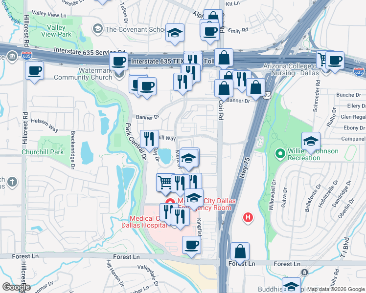 map of restaurants, bars, coffee shops, grocery stores, and more near 12500 Merit Drive in Dallas
