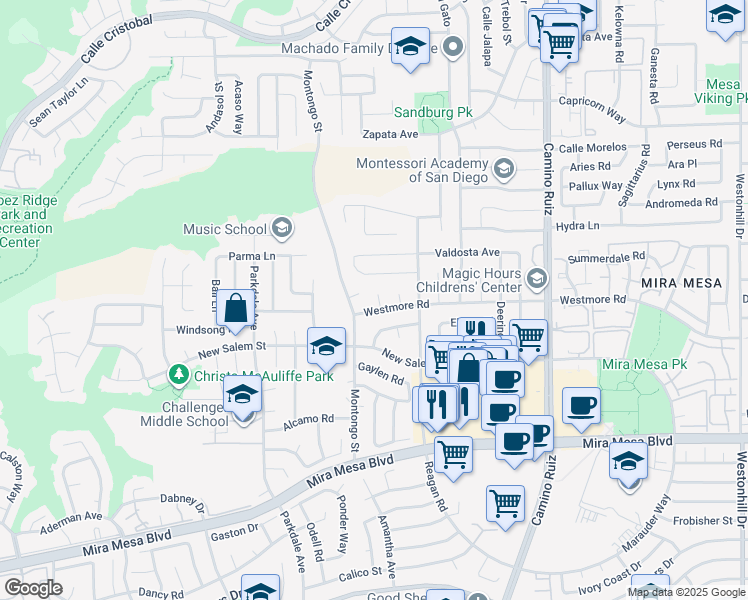 map of restaurants, bars, coffee shops, grocery stores, and more near 10938 Westmore Lane in San Diego