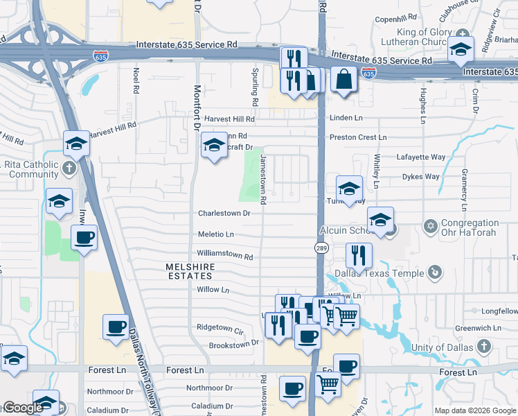 map of restaurants, bars, coffee shops, grocery stores, and more near 5857 Charlestown Drive in Dallas
