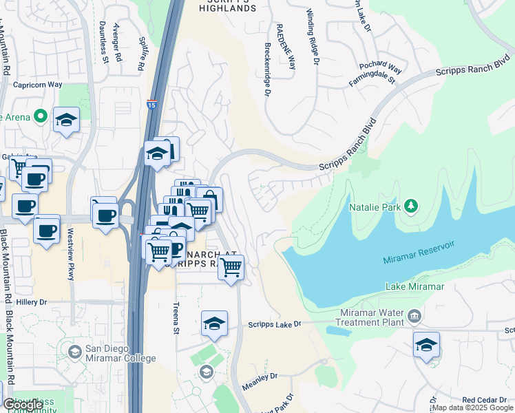 map of restaurants, bars, coffee shops, grocery stores, and more near 11547 Miro Circle in San Diego