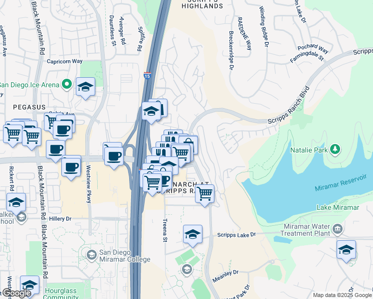 map of restaurants, bars, coffee shops, grocery stores, and more near 10940 Scripps Ranch Boulevard in San Diego
