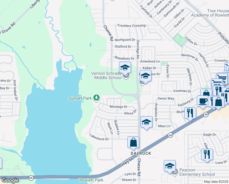 map of restaurants, bars, coffee shops, grocery stores, and more near 6905 Shorecrest Drive in Rowlett