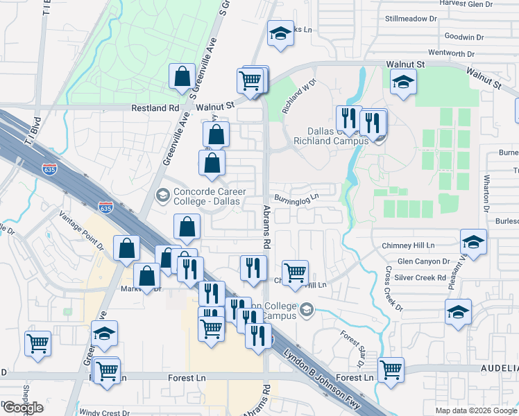 map of restaurants, bars, coffee shops, grocery stores, and more near 12554 Burninglog Lane in Dallas