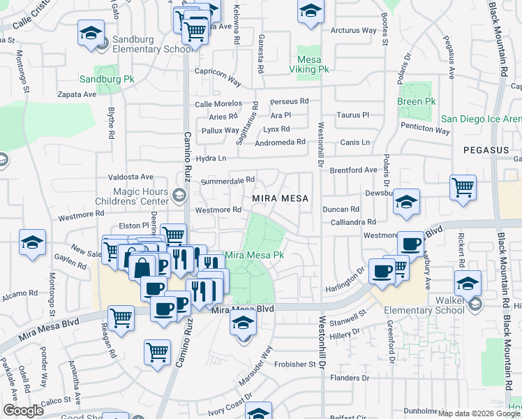 map of restaurants, bars, coffee shops, grocery stores, and more near 8560 Westmore Road in San Diego