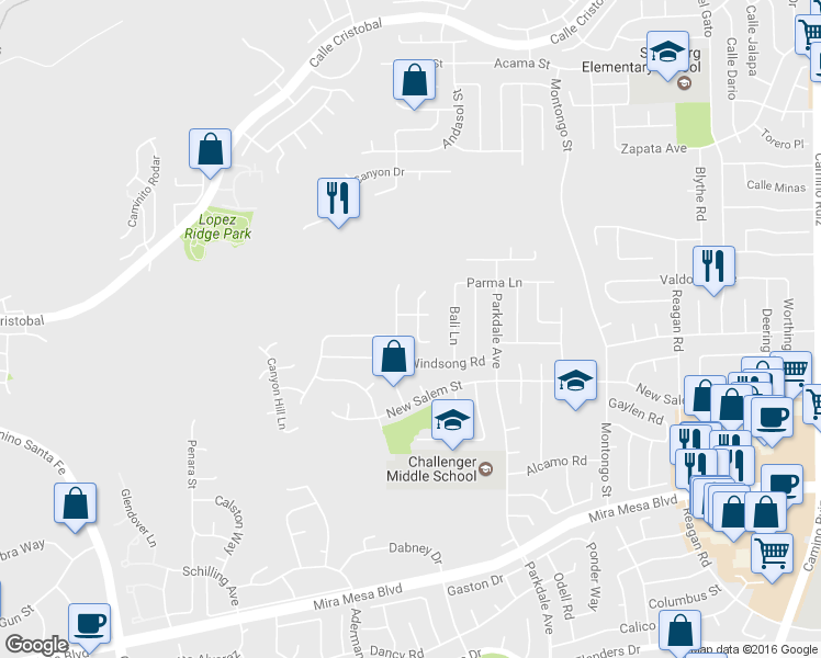 map of restaurants, bars, coffee shops, grocery stores, and more near 10974 Canyon Mesa Lane in San Diego